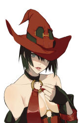 Rule 34 | 1girl, absurdres, bare shoulders, black hair, blue eyes, breasts, choker, cleavage, collarbone, fingerless gloves, gloves, guilty gear, guilty gear xx, hat, hat over one eye, highres, hitsuji kusa, i-no, lips, looking at viewer, medium breasts, mole, mole above mouth, o-ring, o-ring top, one eye covered, pale skin, parted lips, red hat, red nails, revealing clothes, short hair, simple background, solo, upper body, white background, witch, witch hat