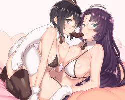 Rule 34 | 2girls, aqua eyes, arm rest, arm support, asymmetrical docking, bare arms, bare shoulders, bed, bikini, bindi, black bikini, black eyes, black hair, black legwear, blush, breast press, breasts, candy, chocolate, chocolate heart, cleavage, detached collar, facial mark, female focus, food, food in mouth, forehead mark, from side, garrison cap, glasses, gloves, green eyes, groin, hat, heart, heart-shaped pillow, hip focus, houjou souun (sengoku collection), indoors, kneeling, large breasts, leg lock, long hair, looking at viewer, maeda keiji (sengoku collection), midriff, mini hat, mouth hold, multiple girls, naughty face, navel, necktie, pillow, purple hair, reclining, rimless eyewear, sengoku collection, shared food, short hair, short necktie, shy, sideboob, simple background, smile, string bikini, swimsuit, symmetrical docking, tenchisouha, thighhighs, underboob, very long hair, white bikini, white gloves, white legwear, yuri