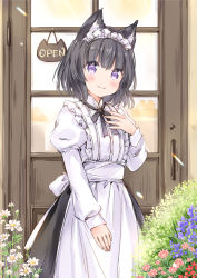 Rule 34 | 1girl, animal ear fluff, animal ears, apron, black bow, black hair, black skirt, blue flower, blush, bow, cat ears, closed mouth, commentary request, door, flower, hand up, juliet sleeves, long sleeves, looking at viewer, original, pink flower, puffy sleeves, purple eyes, red flower, shirt, short hair, skirt, smile, solo, waist apron, wataame27, white apron, white flower, white shirt