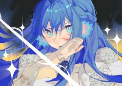 Rule 34 | 1girl, arknights, astesia (arknights), blood, blood on face, blue eyes, blue hair, blue ribbon, bright pupils, highres, injury, inkam, open mouth, portrait, ribbon, shirt, simple background, solo, star (symbol), white pupils, white shirt, wiping blood