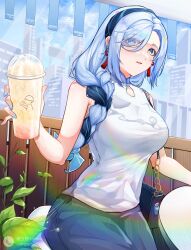 Rule 34 | 1girl, absurdres, alternate costume, bag, bare shoulders, blue hairband, blue nails, braid, braided ponytail, breasts, building, casual, cloud, contemporary, cup, disposable cup, earrings, eyes visible through hair, genshin impact, hair over one eye, hairband, handbag, highres, holding, holding cup, jewelry, large breasts, long hair, looking at viewer, multicolored eyes, nail polish, pale blue hair, parted lips, shenhe (genshin impact), shenhe (heytea) (genshin impact), shirt, sitting, skirt, sky, sleeveless, sleeveless shirt, solo, tassel, tassel earrings, white shirt