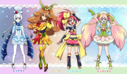 Rule 34 | 4girls, :d, arms up, blue eyes, blue scarf, blue skirt, boots, bow, braid, brooch, brown hair, character name, crossed legs, cure daisy (galibo), cure flare (galibo), cure maple (galibo), cure snow (galibo), expressionless, fingerless gloves, full body, galibo, gloves, hair bow, hair bun, hat, high heels, jewelry, kano momiji (galibo), knee boots, lineup, long hair, magical girl, matou yukino (galibo), multicolored background, multiple girls, open mouth, original, pantyhose, pink bow, pink hair, ponytail, precure, puffy sleeves, purple eyes, red hair, ribbon, sandals, scarf, shoes, short hair, shorts, sidelocks, single hair bun, skirt, smile, standing, striped clothes, striped scarf, tarano may (galibo), tarano mei (galibo), twin braids, twintails, uchiage hanabi (galibo), white hair, white legwear, yellow eyes