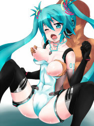 Rule 34 | 1girl, aqua eyes, aqua hair, bad id, bad pixiv id, blush, grabbing another&#039;s breast, breasts, elbow gloves, gloves, grabbing, hatsune miku, headphones, pussy, long hair, nipples, one eye closed, open mouth, orebelt, pussy, racing miku, sitting, spread legs, thighhighs, twintails, very long hair, vocaloid, wink