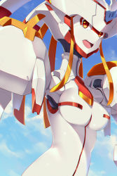 Rule 34 | 1girl, armor, blue sky, breasts, cloud, darling in the franxx, day, highres, humanization, humanoid robot, mecha, medium breasts, no humans, open mouth, orange eyes, robot, sgt-jz, sky, solo, strelizia, white armor