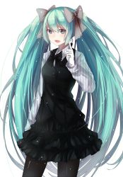 Rule 34 | 1girl, a5125924, bad id, bad pixiv id, bow, bowtie, echj, gloves, green hair, hair bow, hatsune miku, highres, long hair, open mouth, pantyhose, simple background, skirt, solo, twintails, very long hair, vocaloid, white background