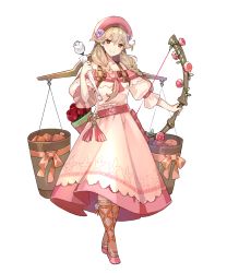Rule 34 | 1girl, arrow (projectile), belt, bouquet, bow (weapon), braid, brown eyes, brown socks, dress, faye (fire emblem), fire emblem, fire emblem echoes: shadows of valentia, fire emblem heroes, floral print, flower, food, full body, hat, highres, holding, holding bow (weapon), holding weapon, light brown hair, long dress, long hair, low-braided long hair, low-tied long hair, nintendo, official art, pink dress, puffy short sleeves, puffy sleeves, quiver, shoes, short sleeves, socks, solo, standing, transparent background, twin braids, twintails, weapon