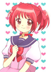Rule 34 | 1girl, bell, bow, hair bow, heart, heart background, highres, jingle bell, kyanos (b 0000ff), medium hair, momomiya ichigo, red bow, red eyes, red hair, school uniform, short sleeves, short twintails, smile, solo, split mouth, tagme, tokyo mew mew, twintails
