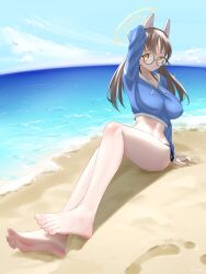Rule 34 | 1girl, barefoot, beach, blue archive, blush, brown hair, candy, feet, food, glasses, highres, lollipop, long hair, looking at viewer, moe (blue archive), moe (swimsuit) (blue archive), soles, toes, yellow eyes