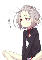 Rule 34 | 1girl, black shirt, blush, commentary request, feet out of frame, forehead, grey hair, highres, long sleeves, looking away, ogami kazuki, original, parted lips, pointy ears, red eyes, shirt, short shorts, shorts, simple background, sitting, solo, spread legs, white background, white shorts
