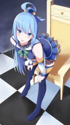 Rule 34 | 1girl, absurdres, aqua (konosuba), bare shoulders, blue eyes, blue footwear, blue hair, blush, boots, bow, chair, checkered floor, commentary, detached sleeves, eyelashes, eyes visible through hair, frilled skirt, frills, full body, furrowed brow, green bow, grey background, hair between eyes, hair bobbles, hair ornament, hair rings, hands on own thighs, head tilt, highres, kono subarashii sekai ni shukufuku wo!, leaning forward, long hair, long sleeves, looking at viewer, miniskirt, open mouth, pleated skirt, round teeth, sidelocks, simple background, skirt, smile, solo, standing, straight hair, teeth, thigh boots, thighhighs, upper teeth only, upturned eyes, very long hair, white sleeves, yanagi marie, zettai ryouiki