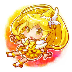Rule 34 | 10s, 1girl, blonde hair, boots, bow, bowtie, chibi, cure peace, dress, full body, hair flaps, hair ornament, hairpin, kise yayoi, long hair, lowres, magical girl, mofumofu (koppe love), mofumofu (lorelei), no nose, precure, puffy sleeves, skirt, smile precure!, solo, wide ponytail, wrist cuffs, yellow bow, yellow dress, yellow eyes, yellow skirt, yellow theme