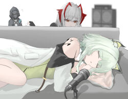 Rule 34 | 1other, 2girls, arknights, beckoning, black gloves, black jacket, blurry, blurry background, brown eyes, closed eyes, couch, depth of field, doctor (arknights), dress, facing viewer, fingerless gloves, gloves, green dress, grey hair, highres, hood, hood up, hooded jacket, jacket, kal&#039;tsit (arknights), lying, mebe (teadia violet), microphone, microphone stand, multiple girls, off-shoulder jacket, off shoulder, on couch, on side, parted lips, shirt, simple background, speaker, w (arknights), white background, white jacket, white shirt