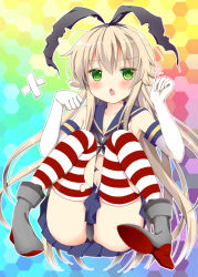 Rule 34 | 10s, 1girl, bad id, bad pixiv id, black panties, blonde hair, boots, chestnut mouth, detached sleeves, elbow gloves, gloves, green eyes, grey footwear, hair ribbon, kantai collection, long hair, looking at viewer, navel, open mouth, oumi neneha, panties, ribbon, shimakaze (kancolle), skirt, solo, striped clothes, striped thighhighs, thighhighs, torn clothes, underwear