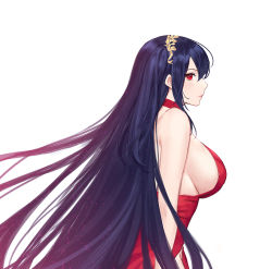 Rule 34 | 1girl, azur lane, bare shoulders, black hair, blush, breasts, crown, dress, hairband, large breasts, long hair, looking at viewer, official alternate costume, profile, red dress, red eyes, simple background, siun, solo, taihou (azur lane), taihou (forbidden feast) (azur lane), very long hair, white background
