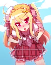 Rule 34 | 1girl, ahoge, azur lane, bent over, blonde hair, blurry vision, blush, braid, commentary request, cowboy shot, crescent (azur lane), hair ornament, hair ribbon, hands on own hips, hat, long hair, looking at viewer, necktie, open mouth, patterned clothing, pov, red eyes, ribbon, sky, solo, tanpopo hayabusa-maru, tsundere