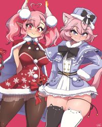 Rule 34 | 2girls, ahoge, animal ears, asymmetrical legwear, black legwear, blush, bodystocking, breasts, cat ears, cat girl, cat tail, cleavage, closed mouth, heart, heart ahoge, highres, horns, ironmouse, ironmouse (winter), large breasts, long sleeves, looking at viewer, mismatched legwear, multicolored hair, multiple girls, nyatasha nyanners, nyatasha nyanners (2nd costume), pantyhose, pink eyes, pink hair, pointy ears, purple eyes, purple hair, ryou sakai, short hair, short twintails, smile, tail, thighhighs, twintails, virtual youtuber, vshojo, white legwear