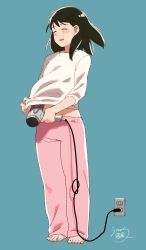 Rule 34 | 1girl, animated, animated gif, artist request, barefoot, black hair, blue background, closed eyes, electrical outlet, fanning self, full body, hair dryer, original, pants, shirt, simple background, smile, solo, standing, white shirt, wind