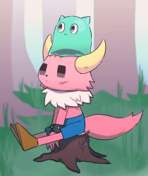 Rule 34 | 1boy, animal nose, between legs, black eyes, blank eyes, body fur, closed mouth, day, expressionless, forest, fox tail, furry, furry male, grass, hand between legs, highres, horns, imura (ponkotsu quest), kaku (ponkotsu quest), kureson (hayama baa), legs together, legs up, male focus, nature, neck fur, on head, outdoors, pink fur, ponkotsu quest: maou to haken no mamono-tachi, sitting, slime (creature), studded bracelet, tail, topless male, tree, tree stump, white fur, yellow horns