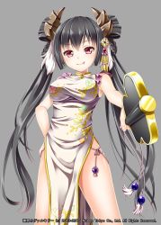 Rule 34 | 1girl, black hair, breasts, chinese clothes, dress, floral print, flower, hair ornament, hakuda tofu, hand fan, hand on own hip, highres, holding, holding fan, horns, large breasts, official art, red eyes, shinkai no valkyrie, silver dress, spread legs