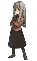 Rule 34 | 00s, 1girl, b suke, blunt bangs, brown jacket, brown pantyhose, brown shirt, crossed arms, fate/stay night, fate (series), full body, glasses, grey hair, himuro kane, jacket, legs apart, loafers, long hair, long sleeves, looking at viewer, pantyhose, shirt, shoes, sidelocks, solo, standing, white background