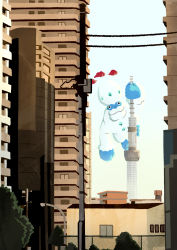 Rule 34 | black eyes, building, closed mouth, commentary request, creatures (company), dynamax, galarian darmanitan, galarian form, game freak, gen 8 pokemon, highres, lamppost, mashiro ka, nintendo, no humans, outdoors, pokemon, pokemon (creature), power lines, smile, solo, tokyo (city), tower, utility pole