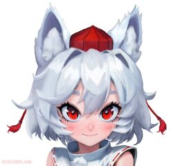 Rule 34 | 1girl, animal ear fluff, animal ears, blush, celebelian, closed mouth, commentary, english commentary, fang, fang out, hat, inubashiri momiji, looking at viewer, medium bangs, pom pom (clothes), portrait, red eyes, red hat, ribbon-trimmed shirt, shirt, short hair, simple background, sleeveless, sleeveless shirt, smile, solo, tokin hat, touhou, white background, white hair, white shirt, wolf ears, wolf girl