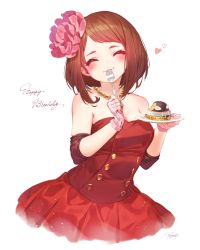Rule 34 | 10s, 1girl, :3, ^ ^, alternate costume, bare shoulders, bead necklace, beads, blush, boku no hero academia, breasts, brown hair, buttons, cake, cleavage, closed eyes, collarbone, commentary request, cursive, detached sleeves, dress, eating, english text, facing viewer, fingerless gloves, fingernails, food, fork, gloves, hair ornament, hair scrunchie, happy, happy birthday, head tilt, heart, highres, holding, holding fork, holding plate, jewelry, medium breasts, medium hair, necklace, pink gloves, pink scrunchie, plate, pleated dress, red dress, ryota (ry o ta), scrunchie, shiny skin, signature, simple background, smile, solo, strapless, strapless dress, swept bangs, taut clothes, taut dress, thirteen (boku no hero academia), uraraka ochako, utensil in mouth, white background