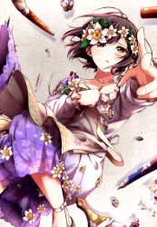 Rule 34 | 1girl, apron, black hair, brown eyes, dress, floating hair, floral print, flower, grey apron, hair flower, hair ornament, head wreath, highres, idolmaster, idolmaster (classic), kikuchi makoto, long dress, looking at viewer, oda (101511a), open mouth, outstretched arm, print dress, purple dress, reaching, reaching towards viewer, short hair, solo, white flower