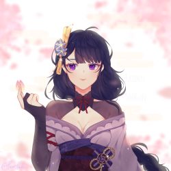 Rule 34 | 1girl, bad id, bad twitter id, blurry, blurry background, blush, braid, breasts, bridal gauntlets, cherry blossoms, cleavage, closed mouth, commentary, english commentary, genshin impact, hair ornament, harehade, highres, holding, holding petal, japanese clothes, kimono, light particles, long hair, medium breasts, petals, purple eyes, purple hair, raiden shogun, ribbon, sash, simple background, solo, sparkle, tassel