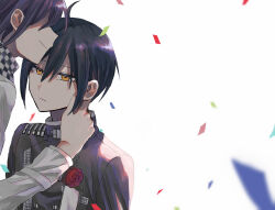 Rule 34 | 2boys, ahoge, black hair, buttons, checkered clothes, checkered scarf, closed mouth, confetti, danganronpa (series), danganronpa v3: killing harmony, double-breasted, flower, grey jacket, hair between eyes, hand on another&#039;s neck, highres, jacket, kasou (roomno404 ), long sleeves, looking at another, multiple boys, oma kokichi, orange eyes, red flower, red rose, rose, saihara shuichi, scarf, short hair, smile, tearing up, white background, yaoi