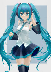 Rule 34 | 1girl, absurdres, black skirt, black sleeves, black thighhighs, blouse, blue eyes, blue hair, blue nails, blue necktie, border, closed mouth, collared shirt, cowboy shot, detached sleeves, dress shirt, floating hair, grey background, grey border, hair between eyes, hair ornament, hatsune miku, headphones, headset, highres, long hair, long sleeves, looking at viewer, microphone, miniskirt, nail polish, necktie, outside border, pleated skirt, print sleeves, see-through, see-through sleeves, shirt, skirt, sleeveless, sleeveless shirt, smile, solo, standing, thighhighs, twintails, very long hair, vocaloid, white shirt, wing collar, yeahhhh (rant4558)