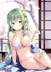 Rule 34 | 1girl, arm support, bare arms, bare legs, bare shoulders, blue bow, blue eyes, blue kimono, blurry, blurry background, blush, bow, bow bra, bow panties, bra, breasts, cherry blossoms, cleavage, collarbone, day, detexted, frilled bra, frilled panties, frills, frog hair ornament, green hair, hair between eyes, hair censor, hair ornament, hair tubes, half-closed eyes, hand up, highres, indoors, japanese clothes, kimono, kochiya sanae, large breasts, long hair, looking at viewer, miyase mahiro, navel, nipples, non-web source, panties, parted lips, petals, sitting, sliding doors, smile, snake hair ornament, solo, spring (season), stomach, strap gap, strap slip, third-party edit, touhou, tree, underwear, very long hair, white bra, white panties