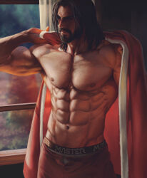 Rule 34 | 1boy, abs, absurdres, aenaluck, bara, beard, black hair, cape, carlnes (aenaluck), chest hair, closed mouth, facial hair, highres, holding, holding cape, holding clothes, indoors, large pectorals, male focus, male underwear, male underwear peek, medium hair, muscular, muscular male, navel, navel hair, night, nipples, original, pants, pectorals, red cape, red pants, santa costume, solo, underwear, window