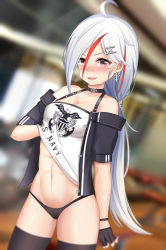 Rule 34 | 1girl, abs, ahoge, alternate breast size, azur lane, bandaid, bandaid on face, bandaid on nose, bare shoulders, black choker, black jacket, black panties, black thighhighs, blurry, blurry background, blush, breasts, choker, cleavage, clothes writing, collarbone, commentary request, depth of field, downes (azur lane), earrings, fang, hair between eyes, hair ornament, hand under clothes, hand under shirt, highres, jacket, jewelry, lenxiao, long hair, medium breasts, multicolored hair, muscular, muscular female, off shoulder, panties, parted lips, print shirt, red eyes, red hair, shirt, silver hair, smile, solo, strapless, streaked hair, sweat, thighhighs, underwear, very long hair, white shirt, yellow eyes