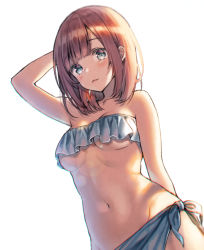 Rule 34 | 1girl, arm behind head, arm up, bare arms, bare shoulders, bikini, blue bikini, blue eyes, blush, breasts, brown hair, closed mouth, commentary request, dutch angle, groin, looking at viewer, medium breasts, midorikawa you, navel, original, simple background, solo, strapless, strapless bikini, swimsuit, white background
