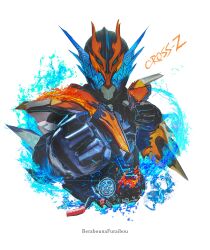Rule 34 | 1boy, absurdres, armor, blue armor, build driver, character name, clenched hands, cross-z dragon, highres, kamen rider, kamen rider build (series), kamen rider cross-z, male focus, obakelope0530, orange armor, power armor, simple background, solo, upper body, white background