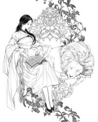 Rule 34 | 1girl, animal, book, closed mouth, dated, closed eyes, full body, greyscale, half updo, hanbok, heart, high heels, invisible chair, korean clothes, korean commentary, lemon89h, lion, long hair, long sleeves, monochrome, open book, original, plant, profile, sash, shawl, sitting, sleeping, very long hair, vines