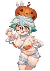 Rule 34 | 1girl, absurdres, bandages, blush, breasts, candle, carbon12th, collarbone, fangs, genshin impact, glasses, green hair, hair between eyes, halloween, halloween costume, highres, jack-o&#039;-lantern, looking at viewer, naked bandage, navel, nude, open mouth, orange eyes, pumpkin, ribbon, shiny skin, short hair, simple background, small breasts, solo, sucrose (genshin impact), transparent background