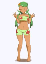 Rule 34 | 1girl, ^ ^, bare legs, bare shoulders, barefoot, bikini, bikini shorts, blush stickers, breasts, cameltoe, cleft of venus, closed eyes, closed mouth, collarbone, covered erect nipples, creatures (company), dark-skinned female, dark skin, facing viewer, full body, game freak, gen 1 pokemon, green bikini, green tube top, grey background, groin, hair ornament, highres, legs apart, long hair, low twintails, mallow (pokemon), medium breasts, navel, nintendo, no panties, pokemon, pokemon (anime), pokemon (creature), pokemon sm (anime), print tube top, shorts, simple background, smile, solo, spread fingers, standing, star (symbol), star hair ornament, staryu, stomach, strapless, swept bangs, swimsuit, tof, tube top, twintails, underboob, w arms