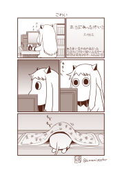 Rule 34 | (o) (o), abyssal ship, bookshelf, comic, commentary, computer, cosplay, failure penguin, futon, highres, horns, kantai collection, long hair, mittens, monitor, monochrome, moomin, moomintroll, muppo, no humans, northern ocean hime (cosplay), northern ocean princess, sazanami konami, silent comic, simple background, tail, translation request, twitter username