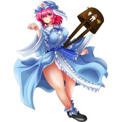 Rule 34 | 1girl, bad id, bad pixiv id, bag, breasts, clock, dress, female focus, full body, hat, large breasts, legs, pink hair, red eyes, saigyouji yuyuko, shin&#039;en (gyokuro company), shoes, short hair, simple background, solo, standing, thick thighs, thighs, touhou, triangular headpiece, watch, white background, wristwatch