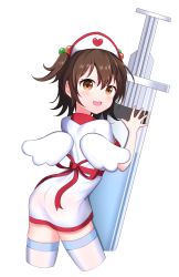 Rule 34 | 1girl, :d, absurdres, akagi miria, blush, brown eyes, brown hair, commentary request, cowboy shot, cropped legs, dress, hair between eyes, hair bobbles, hair ornament, hat, heart, highres, idolmaster, idolmaster cinderella girls, large syringe, looking at viewer, looking to the side, nurse, nurse cap, open mouth, oversized object, red ribbon, ribbon, short dress, simple background, smile, solo, starfox1015, syringe, teeth, thighhighs, two side up, upper teeth only, white background, white dress, white hat, white thighhighs, white wings, wings