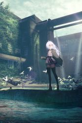 Rule 34 | 1girl, bird, boots, building, cinkai, coat, commission, cowlick, glasses, highres, long hair, original, scenery, shadow, skeb commission, skirt, solo, standing, sunlight, water, white hair, window