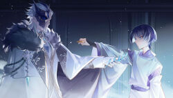 Rule 34 | absurdres, black gloves, blue hair, closed mouth, coat, detached sleeves, earrings, genshin impact, gloves, hair between eyes, highres, holding, holding weapon, japanese clothes, jewelry, long sleeves, male focus, mandarin collar, mask, multiple boys, pants, purple eyes, purple hair, purple shirt, sanshi3030, scaramouche (genshin impact), scaramouche (kabukimono) (genshin impact), shirt, short hair, single earring, weapon, wide sleeves
