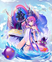 1girl 1other :o ahoge aqua_eyes arm_support blue_sky breasts cloud commentary_request covered_navel crossed_bangs day failnaught_(phantom_of_the_kill) hair_between_eyes halo holding holding_towel looking_to_the_side mikan_ame_(gumi) ocean official_alternate_costume official_art one-piece_swimsuit outdoors phantom_of_the_kill pink_hair pink_innertube purple_eyes purple_hair purple_halo second-party_source sky small_breasts solo_focus standing sunglasses swimsuit thigh_strap towel twintails two-tone_eyes white_one-piece_swimsuit