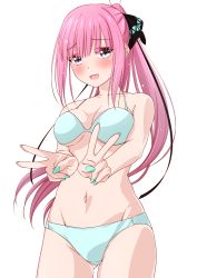 Rule 34 | 1girl, :d, absurdres, bikini, black ribbon, blue bikini, blue eyes, blush, breasts, butterfly hair ornament, cleavage, collarbone, double v, embarrassed, gluteal fold, go-toubun no hanayome, green nails, hair ornament, highres, large breasts, looking at viewer, nail polish, nakano nino, navel, open mouth, pink hair, ponytail, raised eyebrows, ribbon, sidelocks, simple background, smile, stomach, swimsuit, tako suzume, v, white background