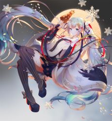 Rule 34 | 1girl, bell, dated, fortissimo, full body, hair ornament, hatsune miku, highres, jingle bell, kagura suzu, long hair, looking at viewer, musical note, musical note hair ornament, musical note print, skirt, smile, snowflake print, snowflakes, solo, striped clothes, striped thighhighs, thighhighs, twintails, vertical-striped clothes, vertical-striped thighhighs, very long hair, vocaloid, xiao duzi, yuki miku