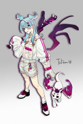 Rule 34 | 1girl, animal, aqua eyes, bad id, bad twitter id, baseball bat, blue hair, character name, dragon girl, dragon wings, elira pendora, elira pendora (1st costume), full body, gloves, gradient background, hair ornament, hair over one eye, hairclip, highres, charm (object), long hair, looking at viewer, loose clothes, low wings, multicolored hair, nijisanji, nijisanji en, one eye covered, open mouth, overalls, oversized clothes, pikl (elira pendora), shirt, shoes, shorts, sleeves past fingers, sleeves past wrists, smile, sneakers, socks, soramame (corndog), standing, virtual youtuber, white gloves, white hair, white legwear, white shirt, wings, x hair ornament