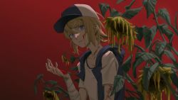 Rule 34 | 1girl, backlighting, backpack, bag, bandages, bandaged arm, bandages, baseball cap, blonde hair, blood, blood on arm, blood on face, blood on hands, blue eyes, collarbone, commentary, flower, hair ornament, hairclip, hand up, hat, kagamine rin, looking at viewer, parted lips, red background, shirt, short hair, short sleeves, solo, sunflower, upper body, vocaloid, white shirt, wide-eyed, withered, wounds404, yellow flower