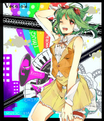 Rule 34 | 1girl, bad id, bad pixiv id, female focus, goggles, goggles on head, green hair, gumi, headphones, one eye closed, open mouth, red-tinted eyewear, red eyes, short hair, skirt, solo, tinted eyewear, vocaloid, white background, wink, wonoco0916, wrist cuffs